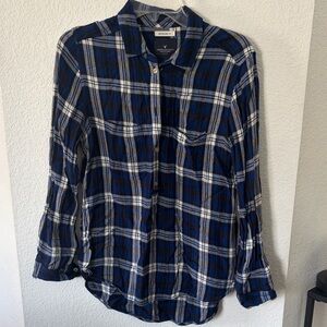 Blue and White Plaid Button-Up Boyfriend Fit Flannel